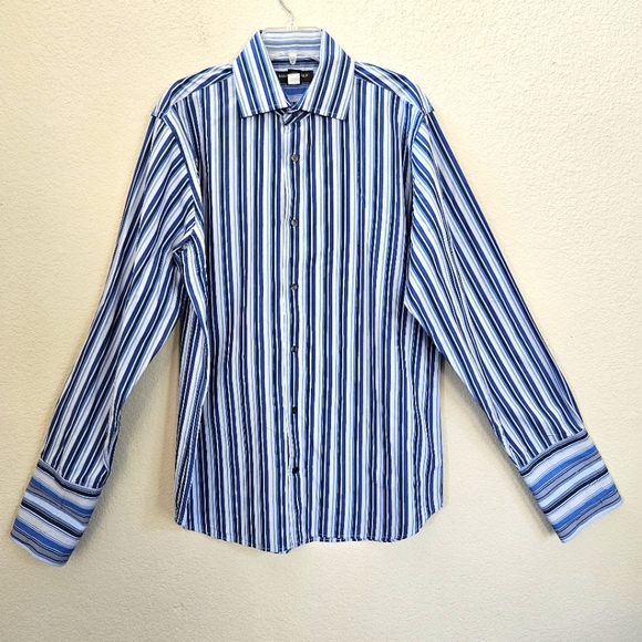 Banana Republic Men's Sz L Dusty Blue White Navy Stripe Button Up Shirt Long EUC - Picture 1 of 9